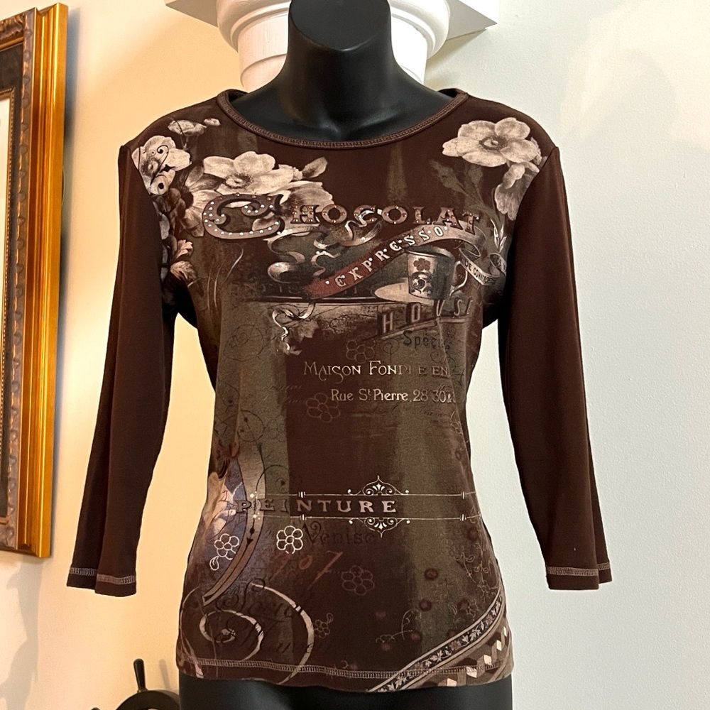 Vintage Retro Y2K Embellished Brown Knit Blue Canyon Clothing Top 3/4 Sleeves - Picture 6 of 9